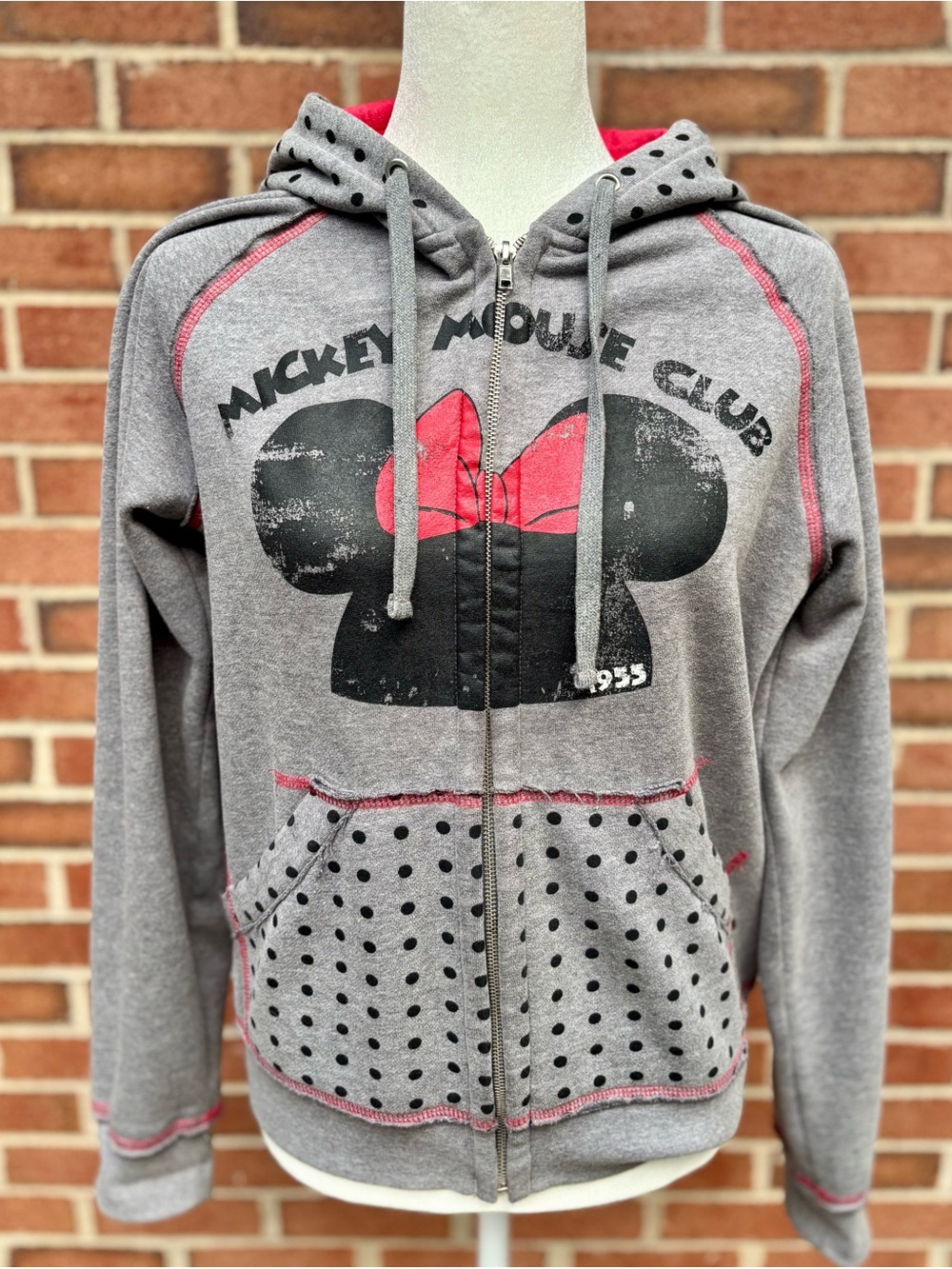 Disney Store Mickey Mouse Hoodie | Size M | Gray, Red & Polka Dot Y2K